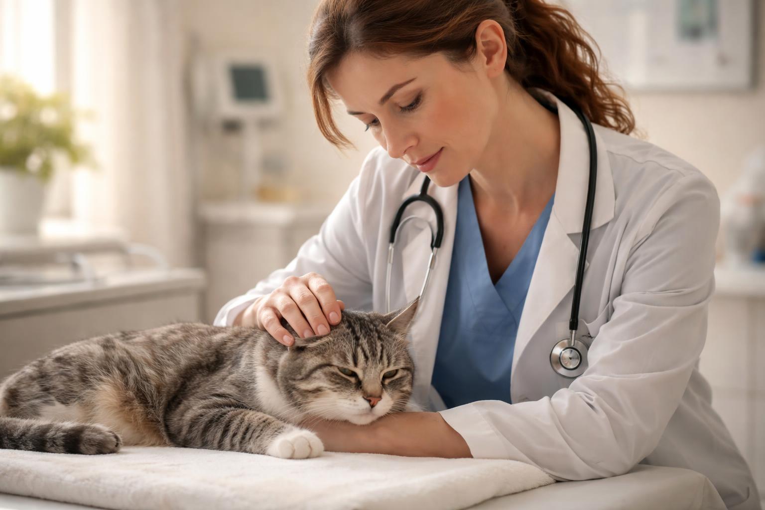 A veterinarian gently holding a calm elderly cat on an examination table in a veterinary clinic.