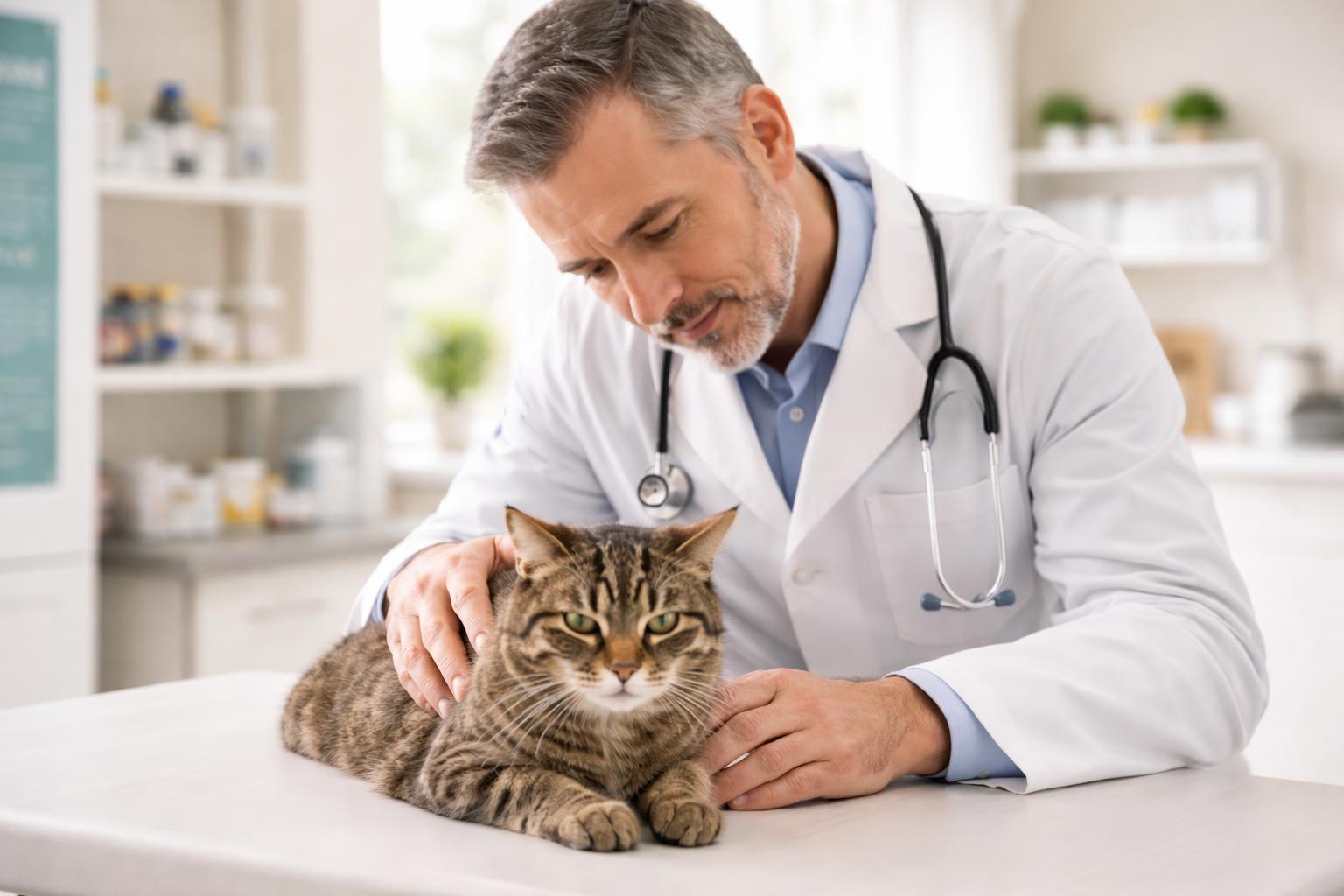 A veterinarian gently examining a calm adult cat on an exam table in a bright veterinary clinic.