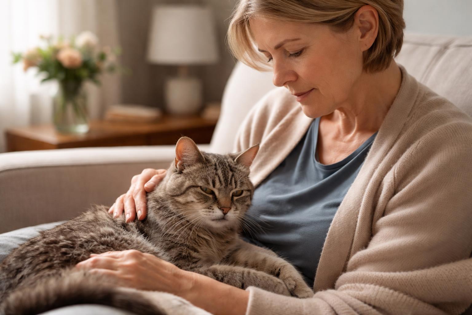 A person gently holding an elderly cat in a calm living room, showing a tender and thoughtful moment.