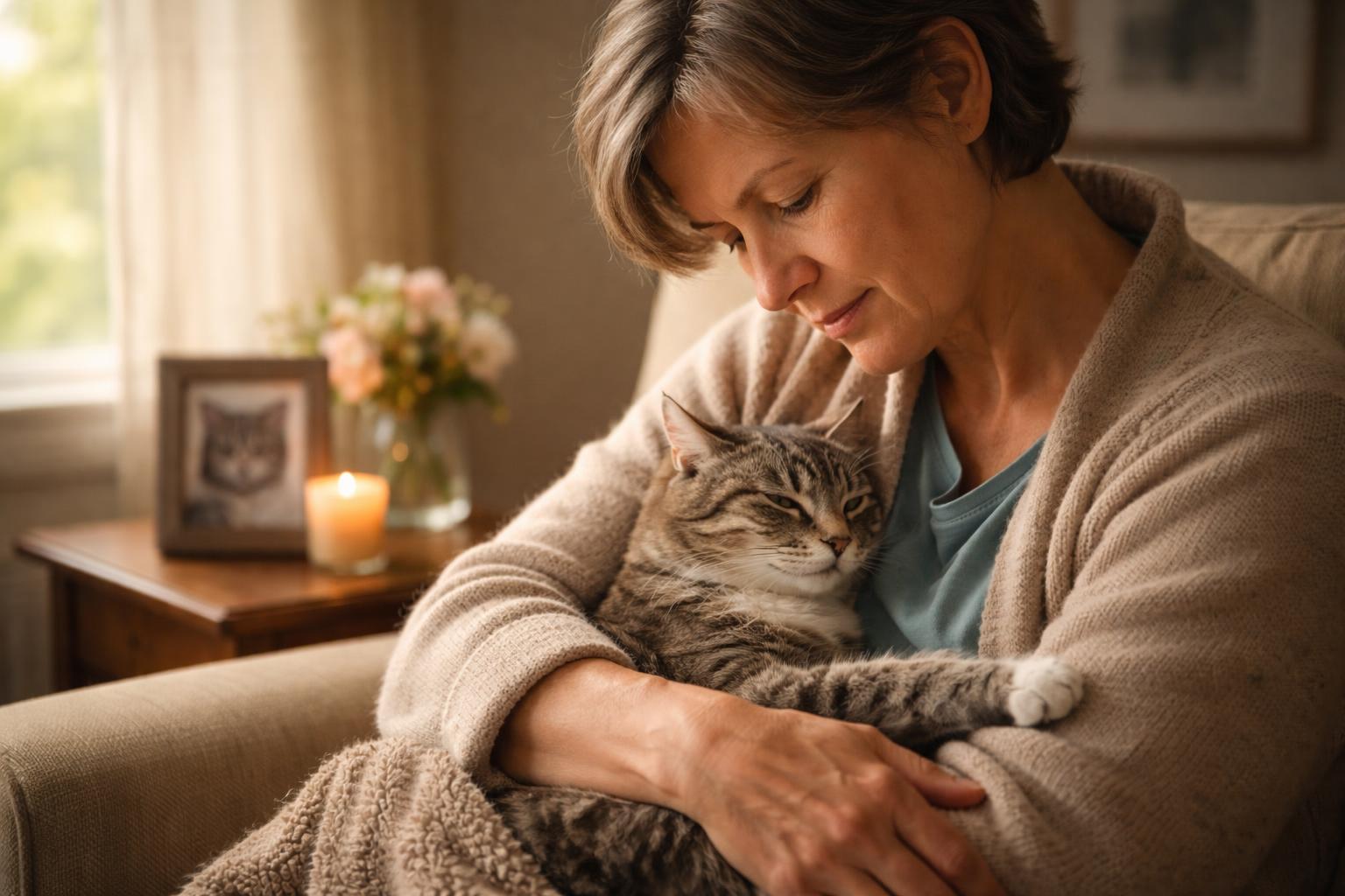A person gently holding an elderly cat in a softly lit living room, conveying care and compassion.
