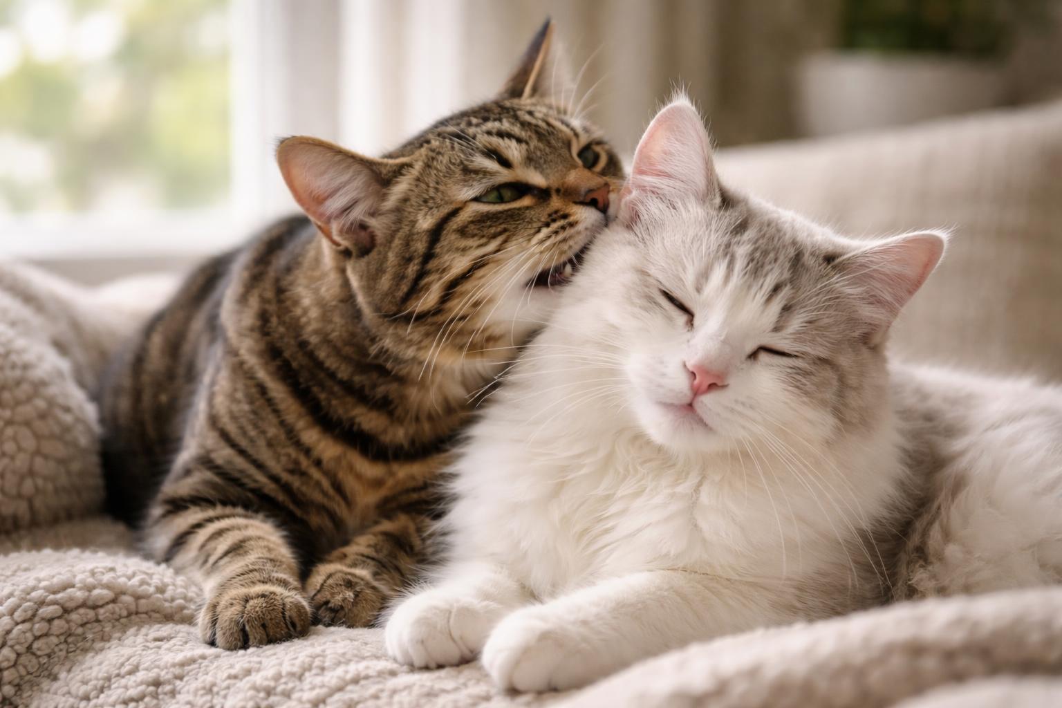 Two cats sitting close together, one gently nibbling the other's ear in a loving manner.