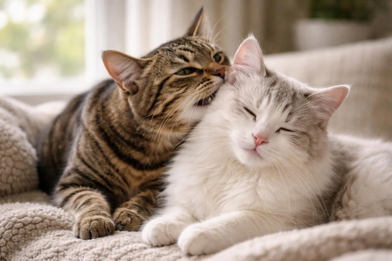 Two cats sitting close together, one gently nibbling the other's ear in a loving manner.