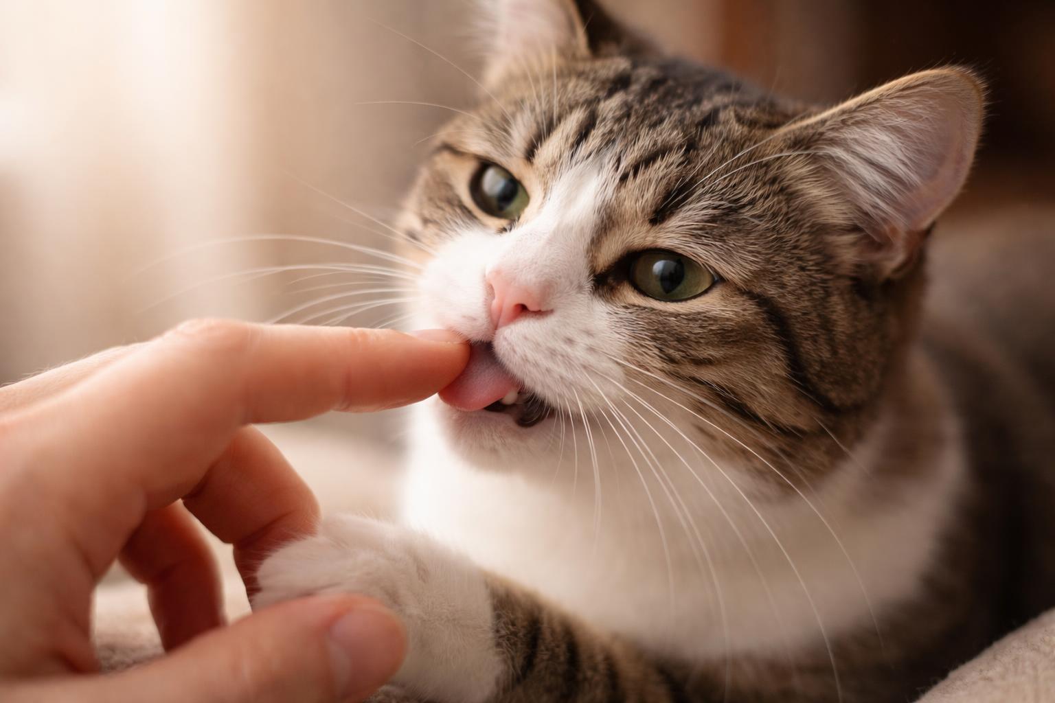 A cat gently nibbling a person's finger in a calm and affectionate manner.