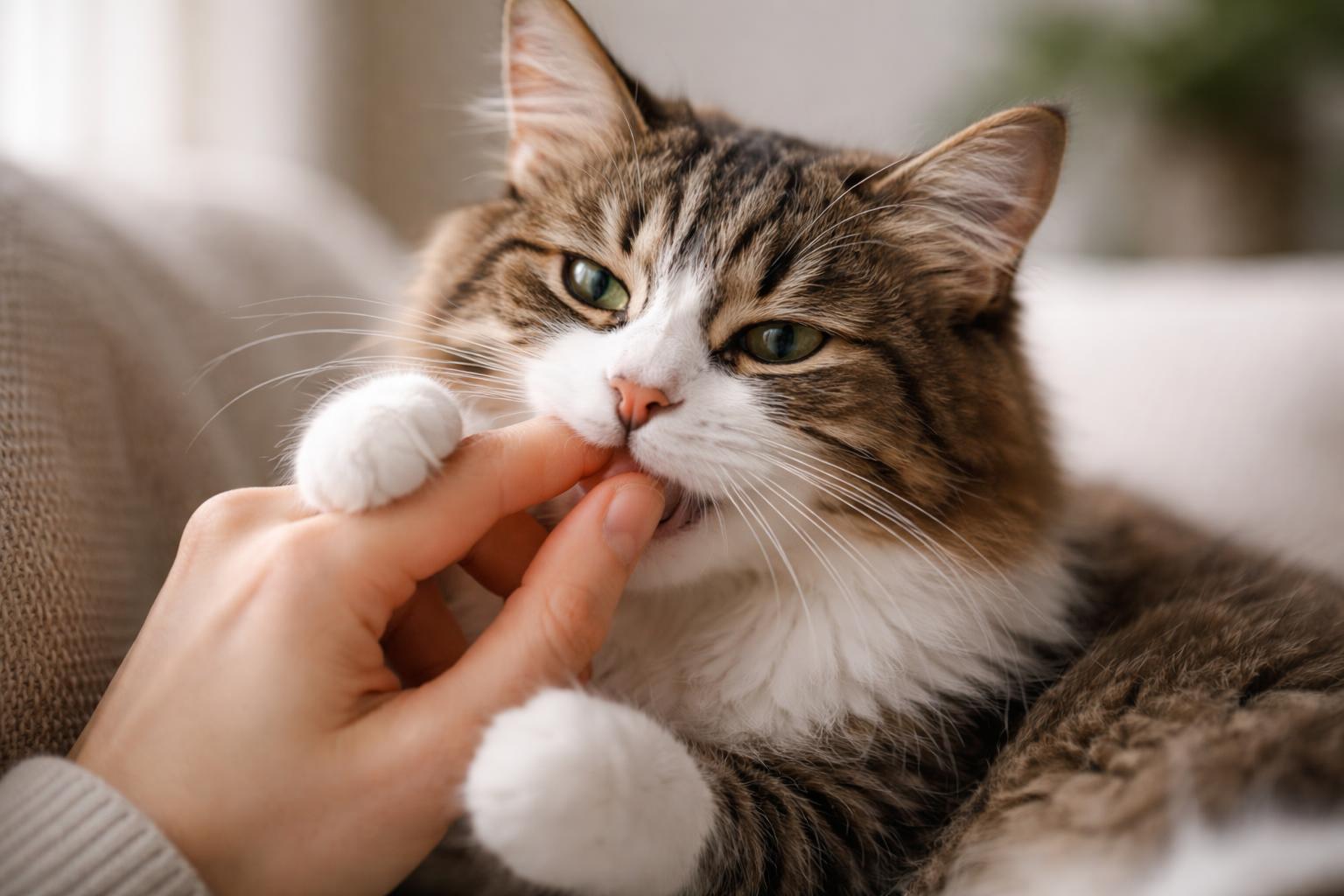 A close-up of a cat gently nibbling on a person's hand, showing a loving interaction between them.