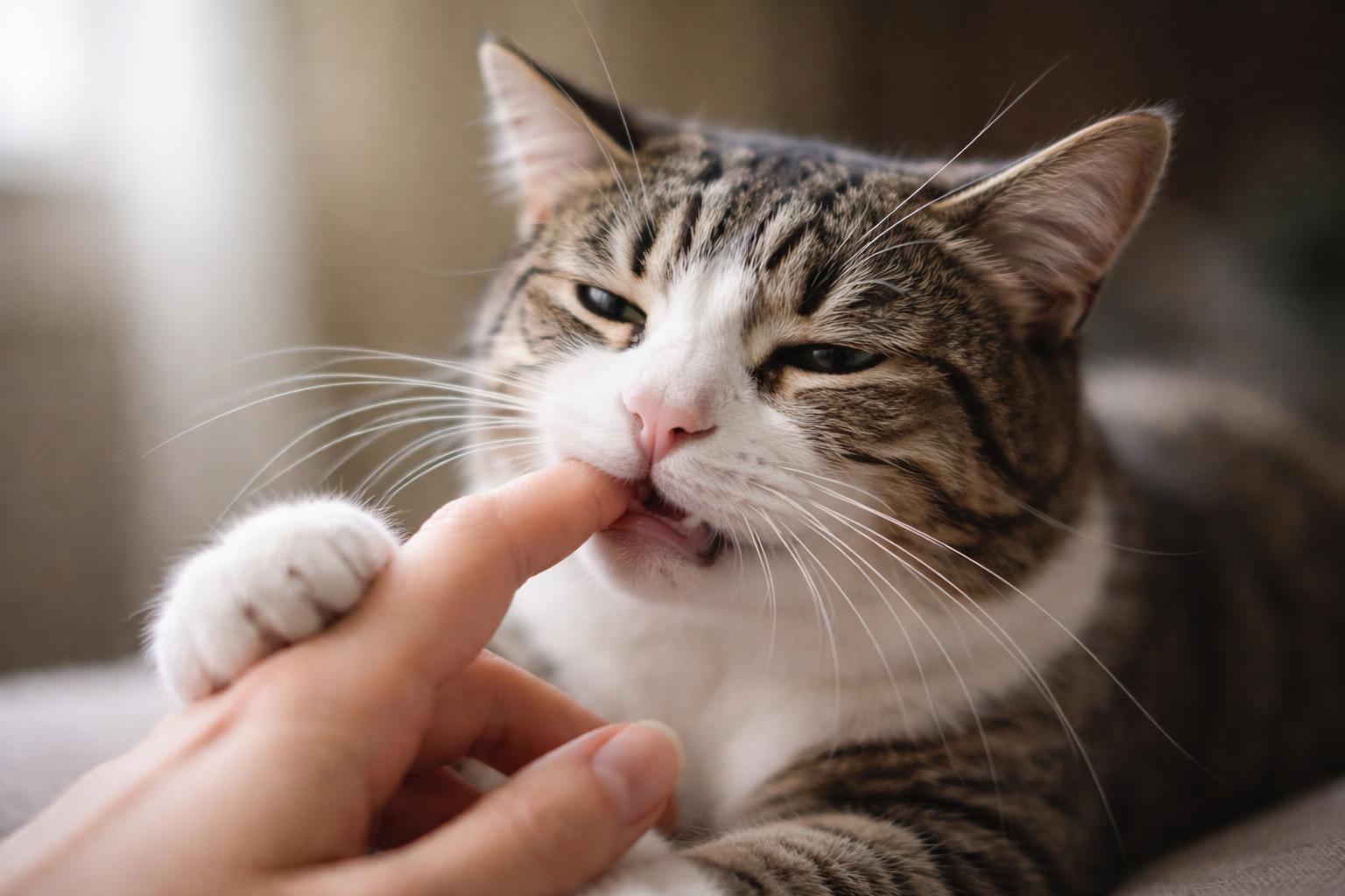 A close-up of a cat gently nibbling on a person's hand, showing relaxed and affectionate behavior.