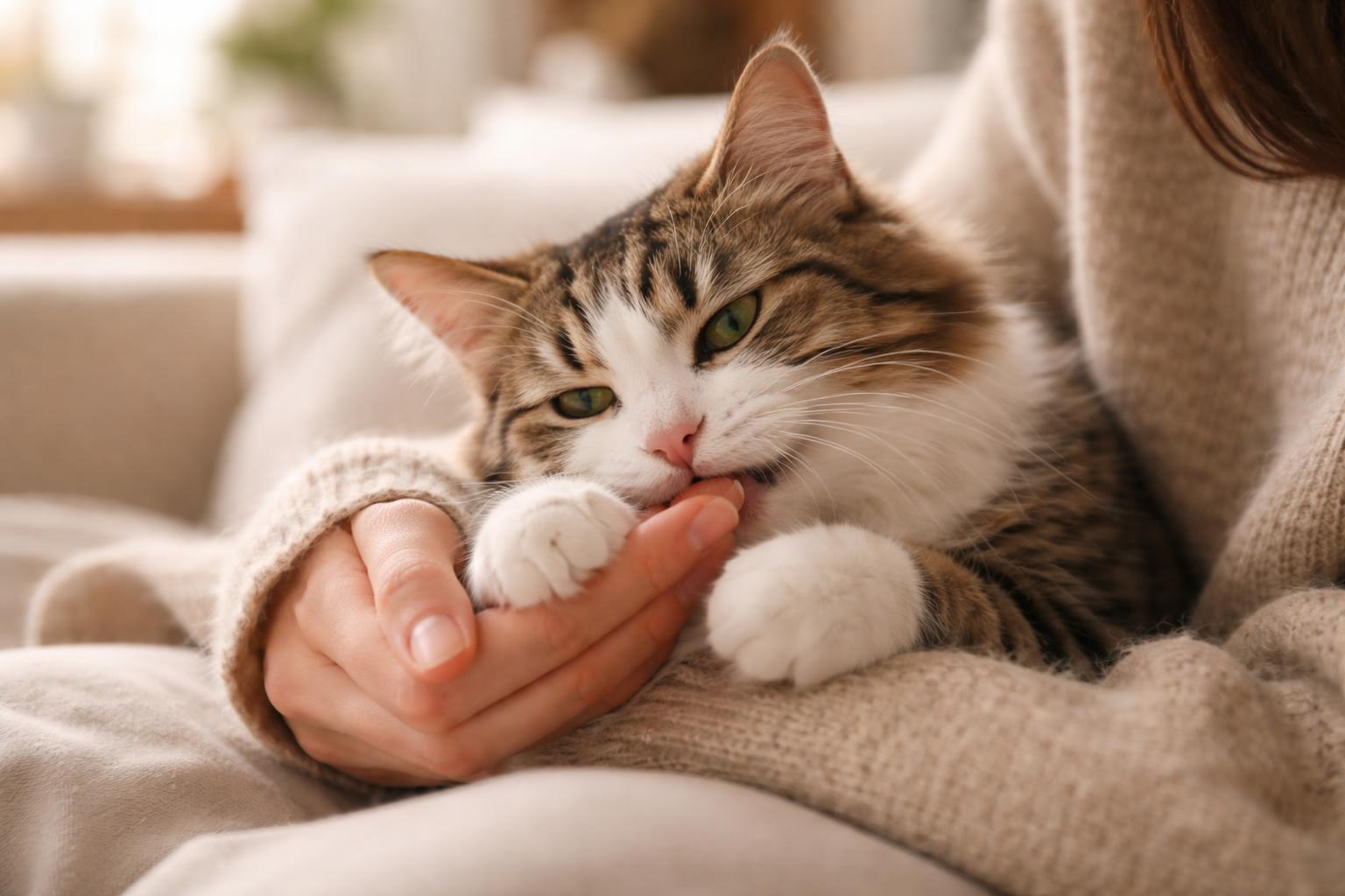A person gently petting a relaxed cat indoors, showing a tender moment of affection.