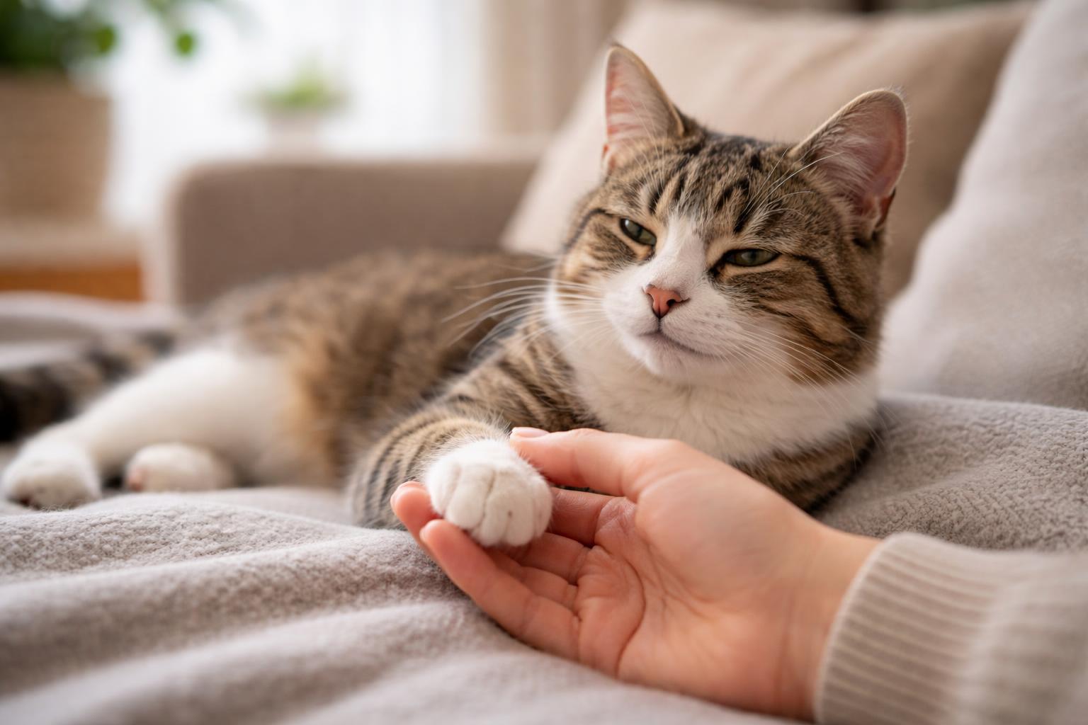 A person gently petting a calm domestic cat indoors, showing a peaceful and affectionate moment.