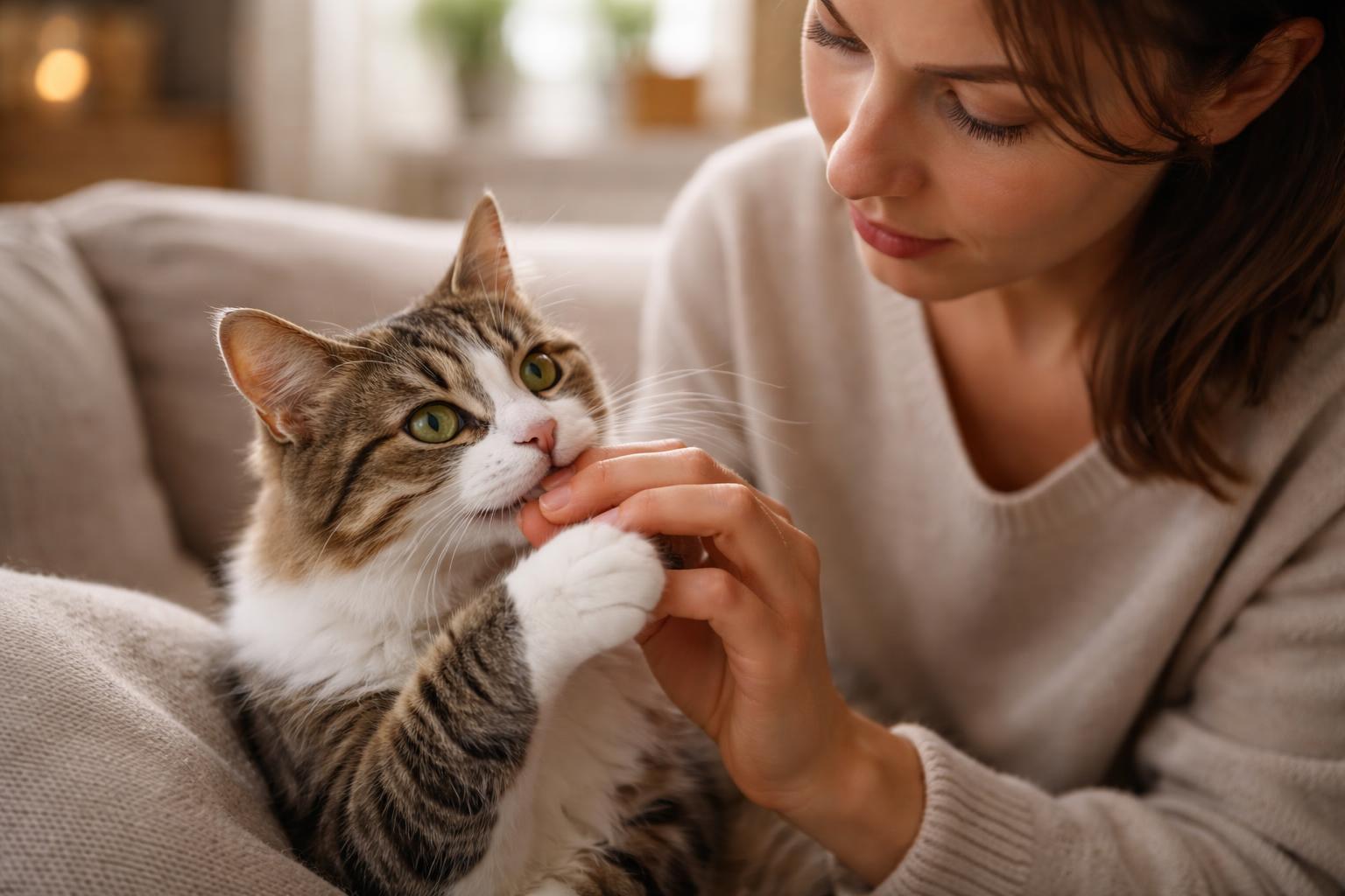 A person gently interacting with a calm cat indoors, showing care and concern after a playful bite.