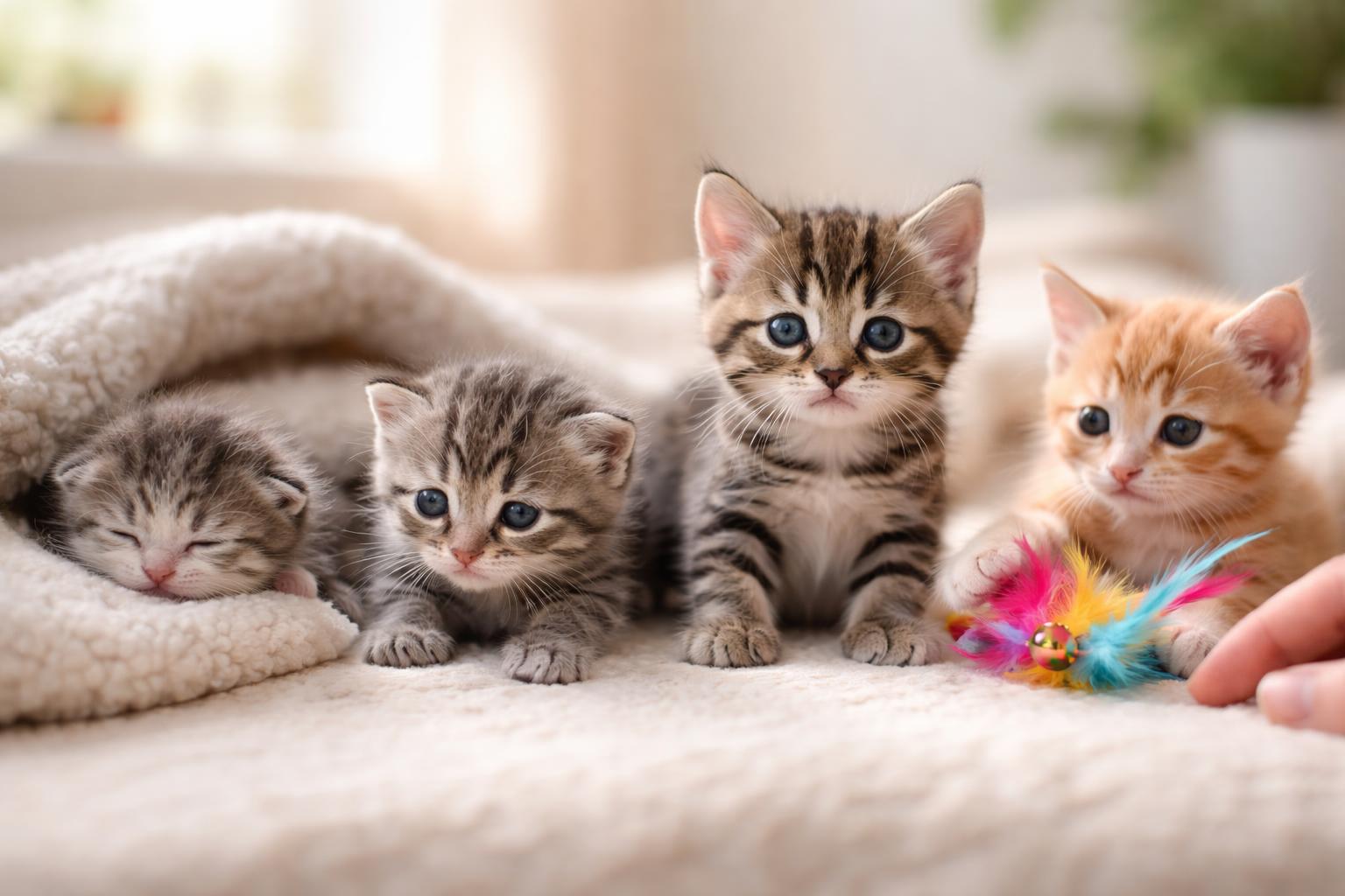 Several kittens at different early growth stages in a cozy indoor setting, showing newborns, curious explorers, and playful young kittens.