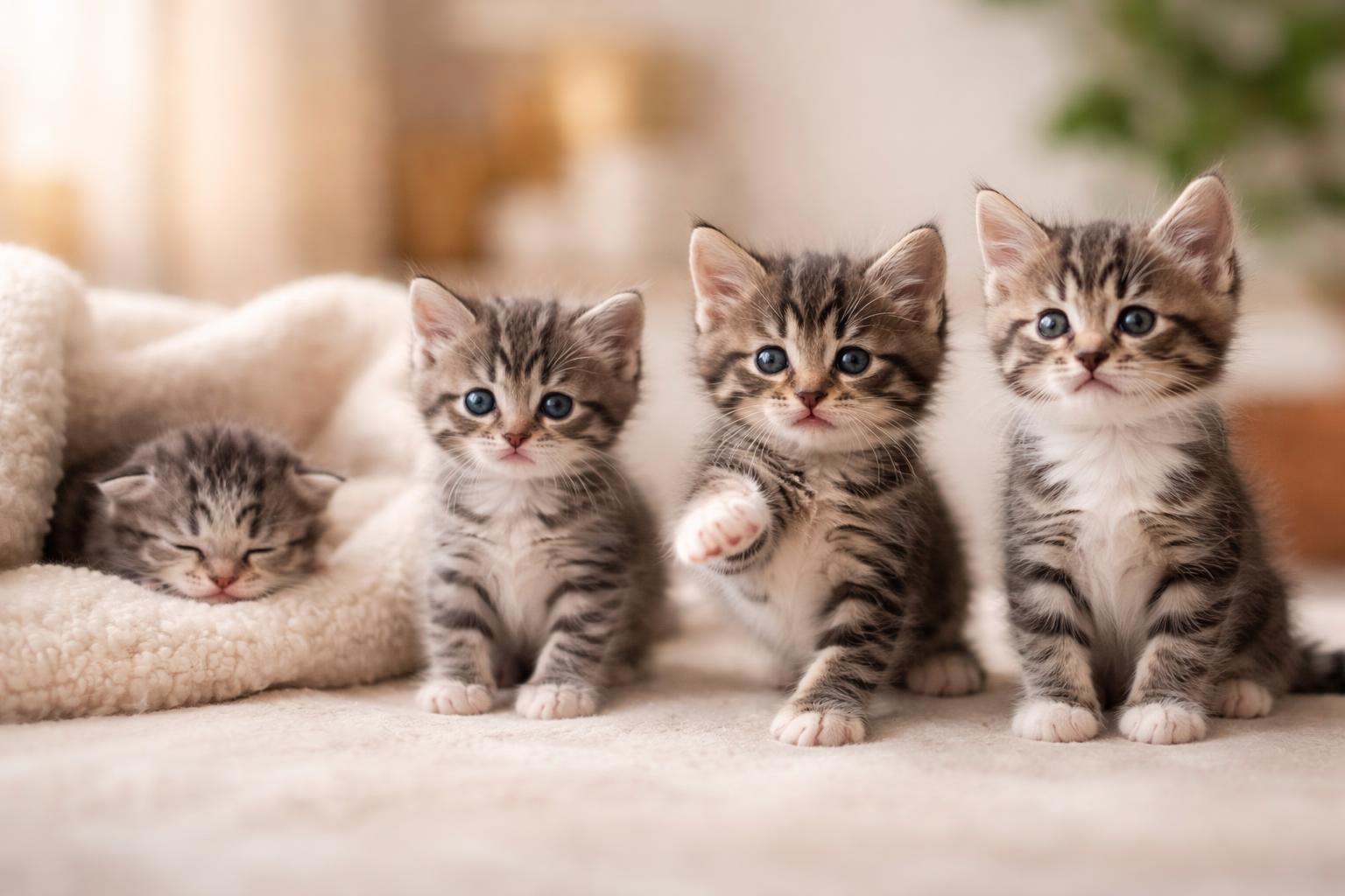 Four kittens at different growth stages from newborn to near juvenile, arranged side by side indoors on a soft, neutral background.