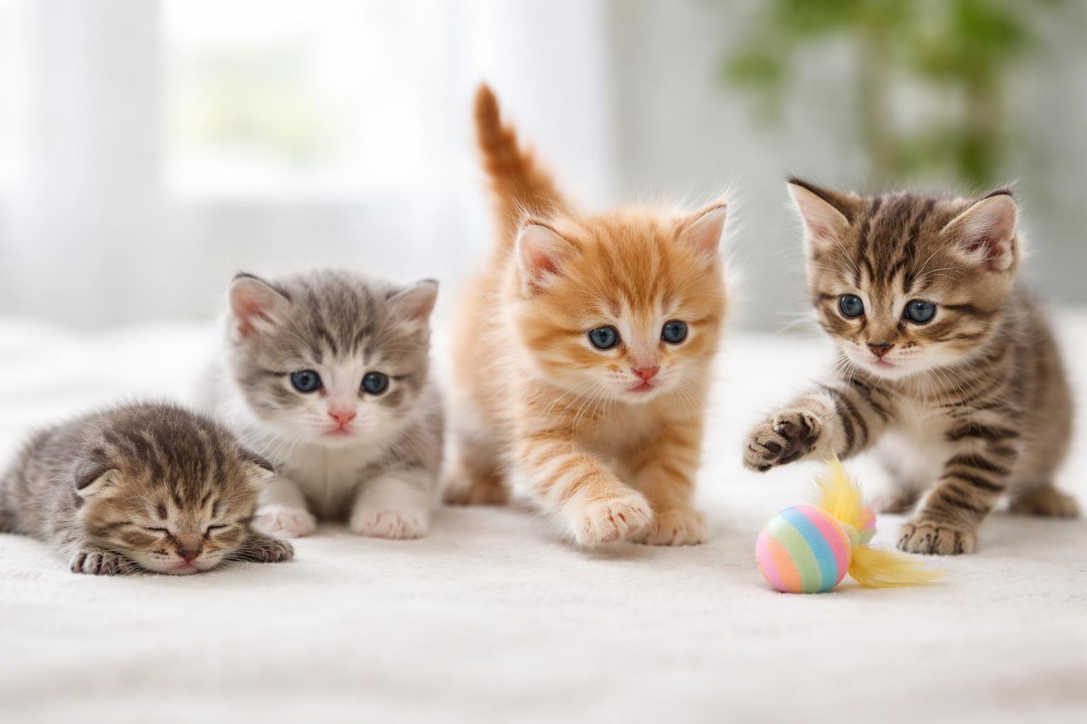 Several kittens at different stages of growth showing physical and behavioral development in a bright, clean setting.