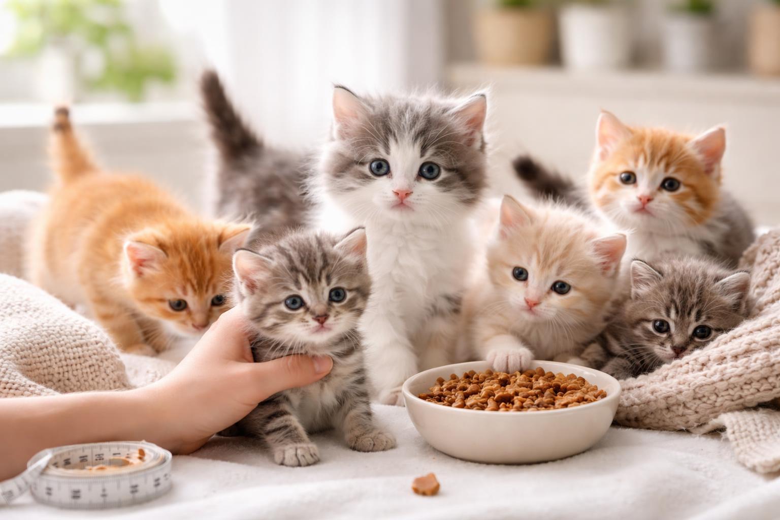 Several kittens at different stages of growth playing and being cared for in a bright indoor setting.