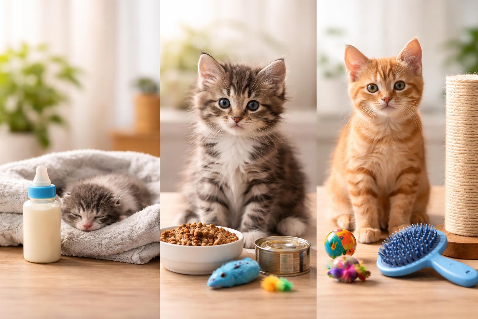 Three kittens at different growth stages with corresponding care items arranged in a bright indoor setting.