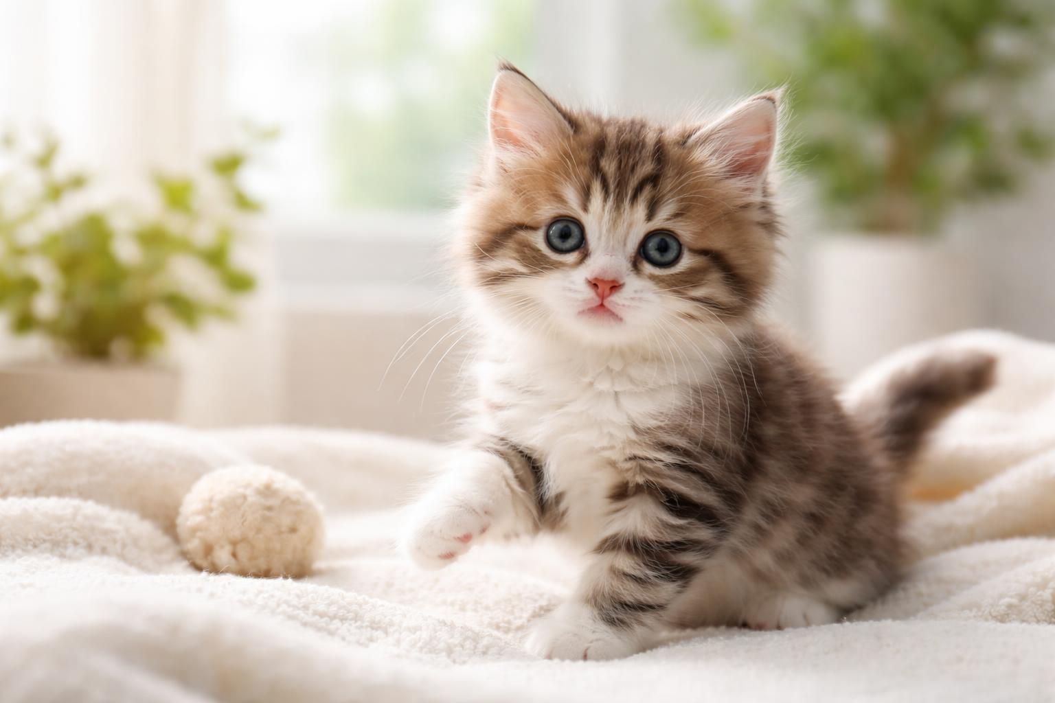 A fluffy kitten sitting on a cozy blanket in a bright indoor space, looking alert and healthy.