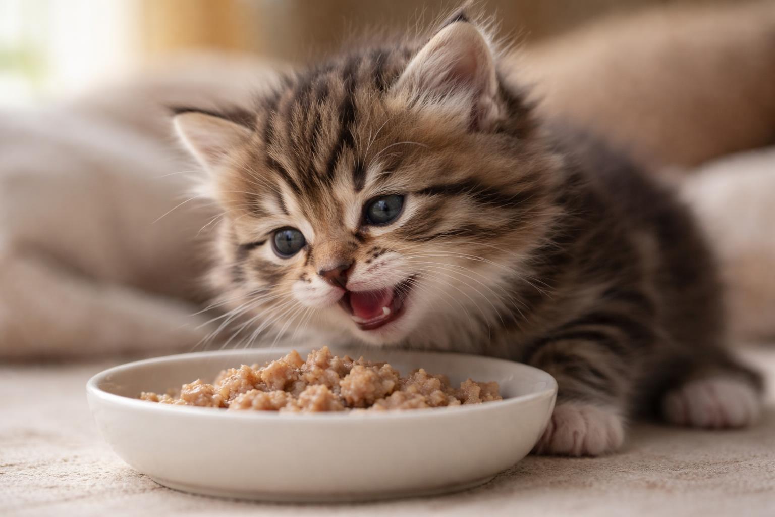 A close-up of a young kitten nibbling soft food from a shallow bowl, showing its small emerging teeth.