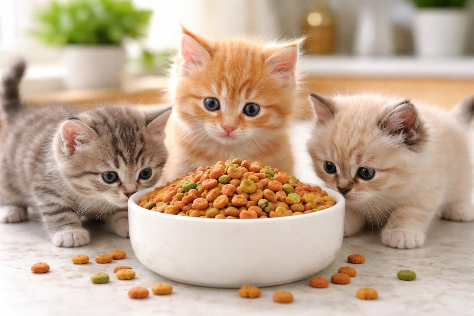 Several kittens eating dry food from a bowl in a kitchen setting.