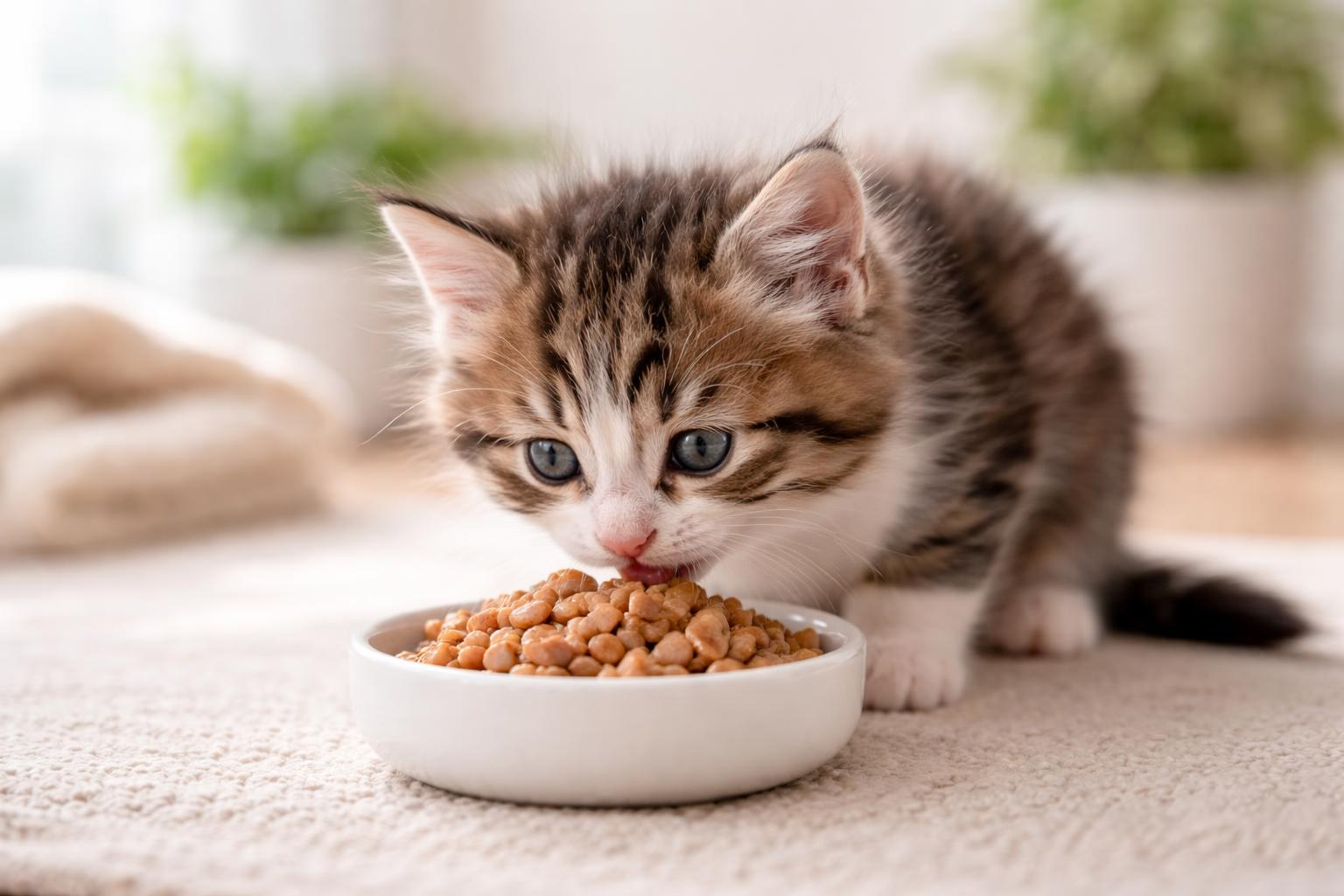 A young kitten eating from a bowl of kitten food in a bright indoor setting.