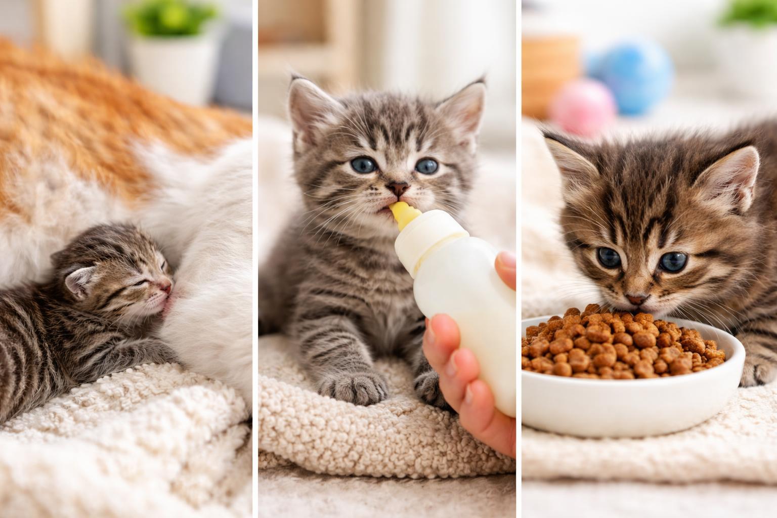 Three kittens at different feeding stages: nursing, bottle feeding, and eating solid food in a cozy home setting.