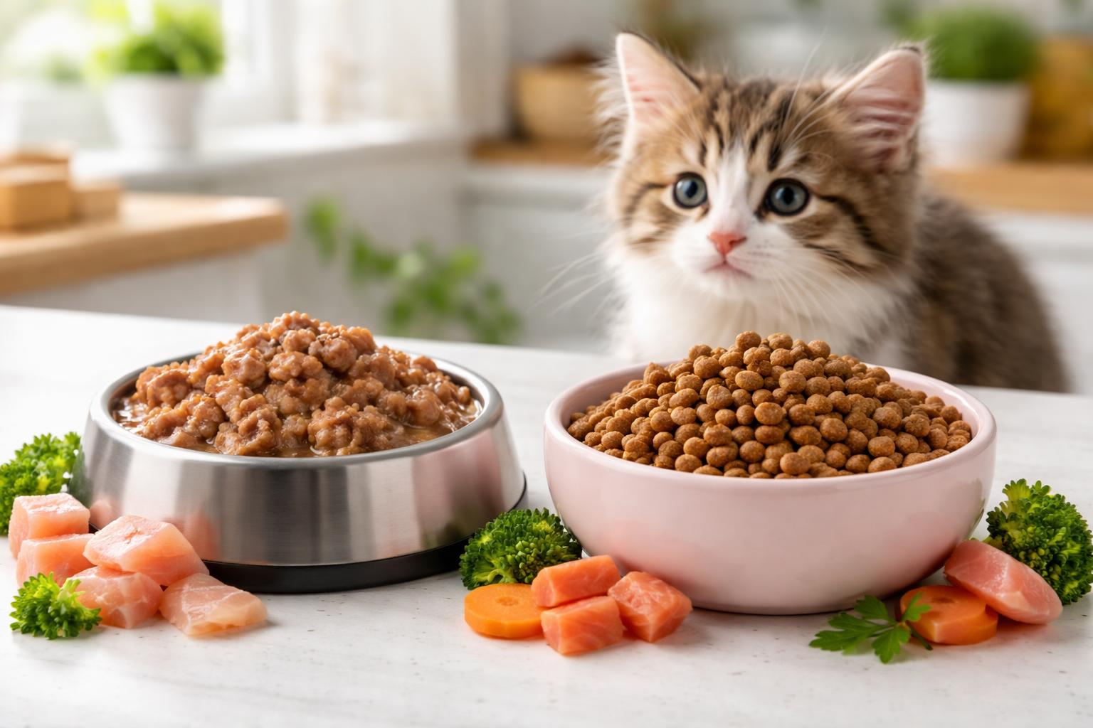 A kitten looking at two bowls on a kitchen counter, one with wet kitten food and the other with dry kitten kibble.