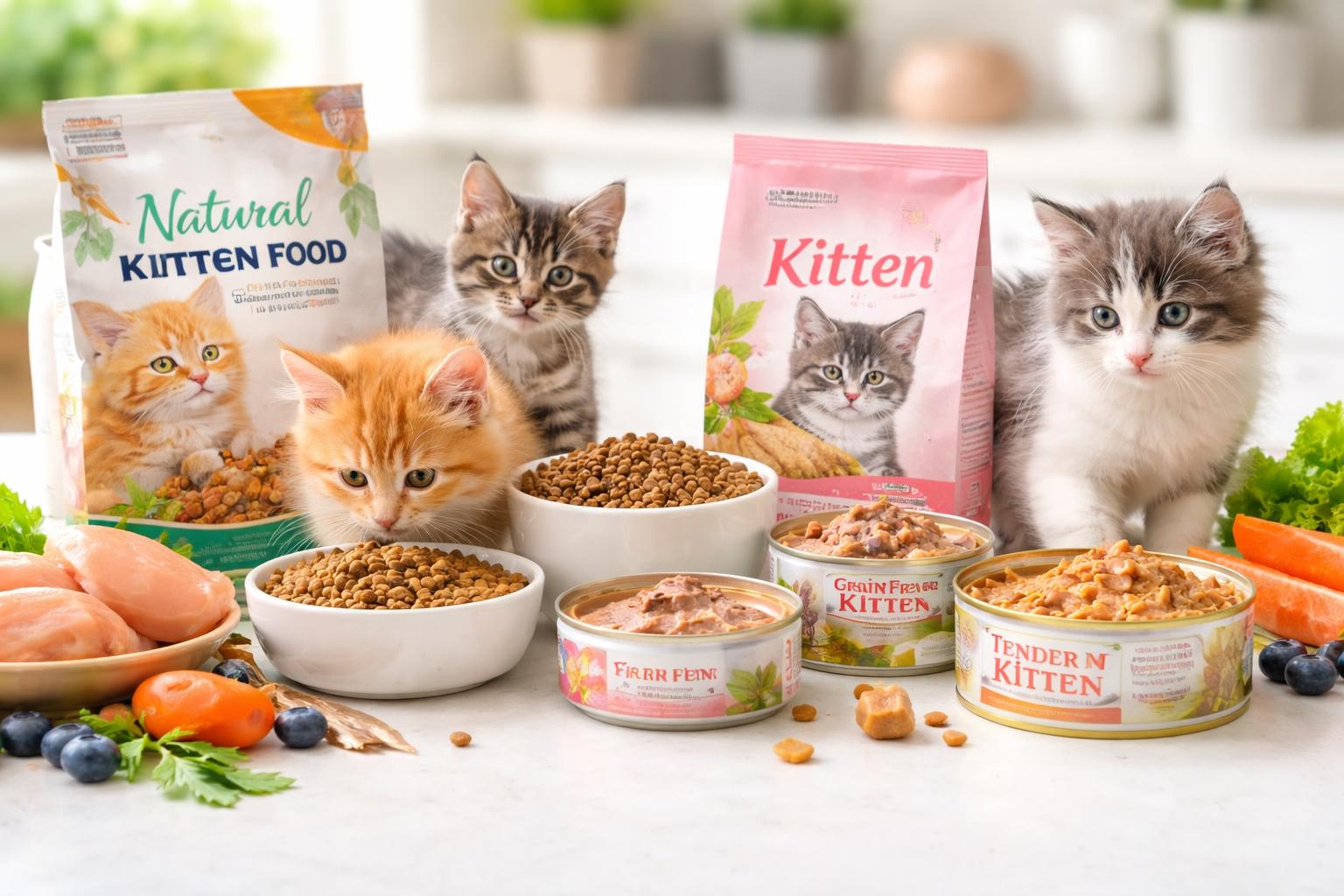 Several kittens exploring and sniffing various types of kitten food containers arranged on a white surface.