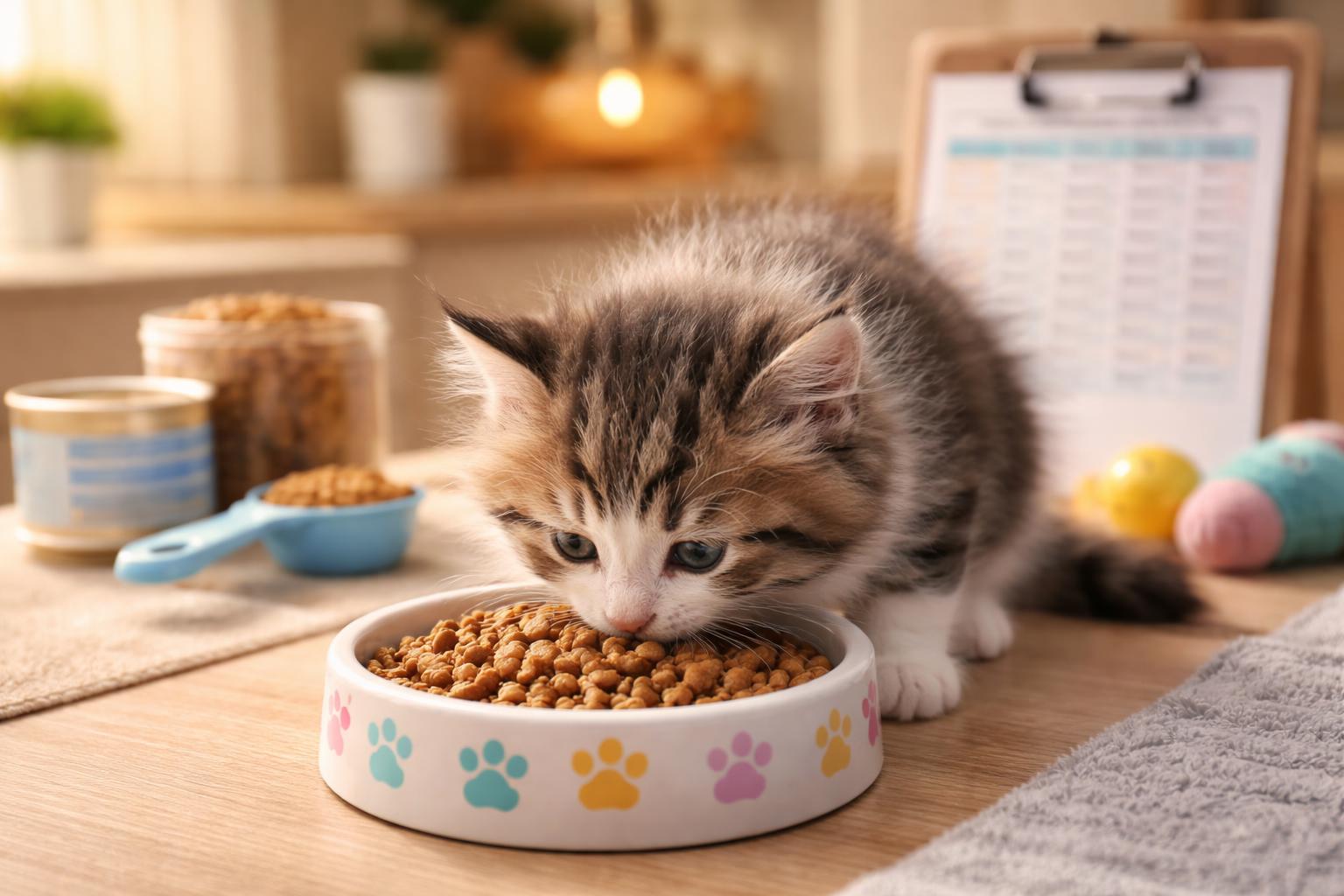 A kitten eating from a bowl in a cozy indoor setting with pet care items nearby.