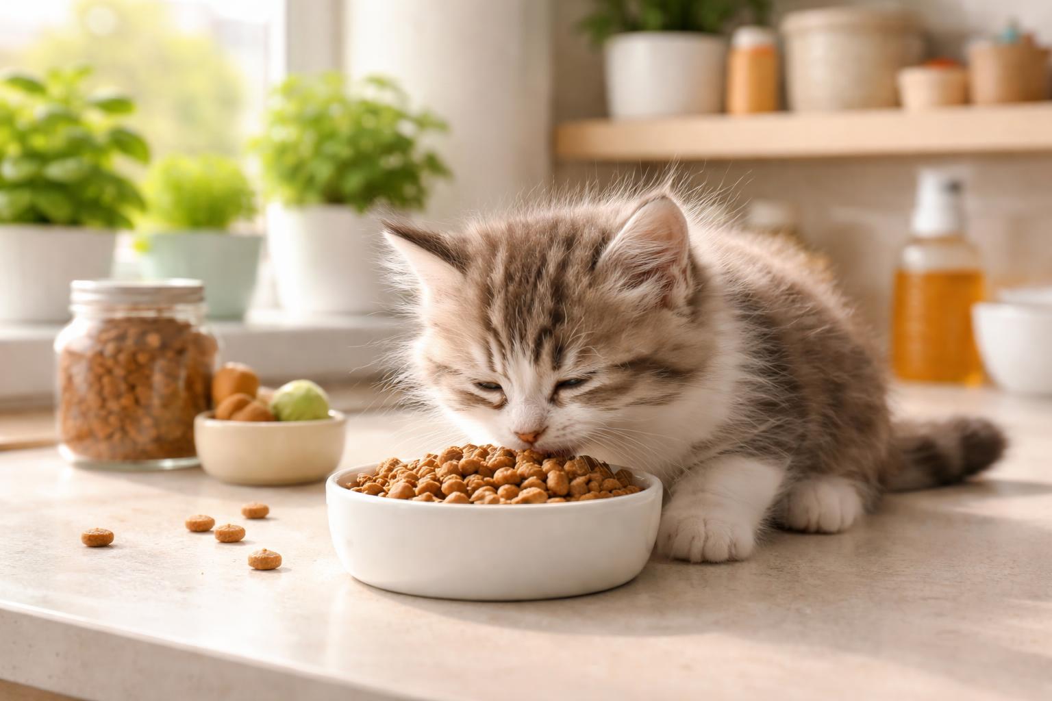 A small kitten eating from a bowl in a bright kitchen with plants and sunlight.