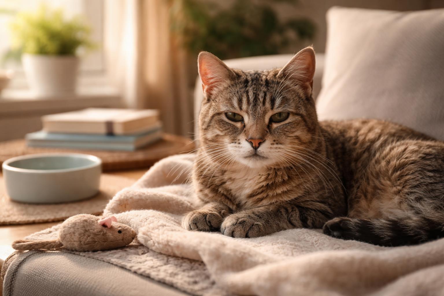 A senior domestic cat resting peacefully on a soft blanket in a cozy living room.