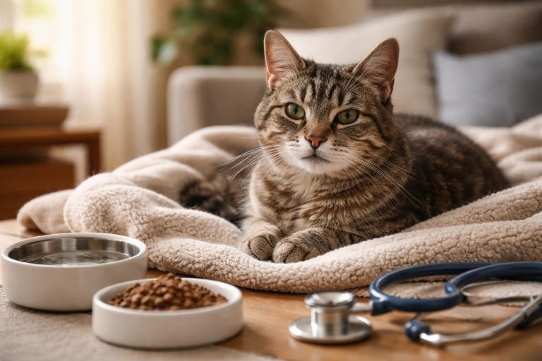 A senior cat resting on a soft blanket in a cozy living room with a water bowl and cat food nearby.