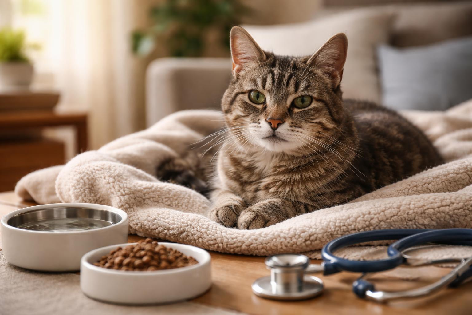 A senior cat resting on a soft blanket in a cozy living room with a water bowl and cat food nearby.