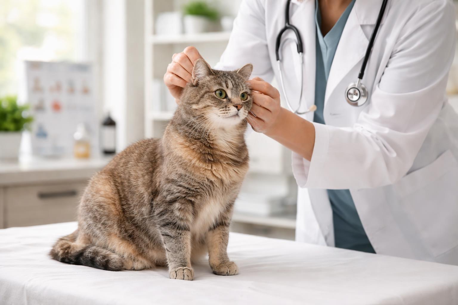 A veterinarian gently examining a senior cat on an examination table in a veterinary clinic.