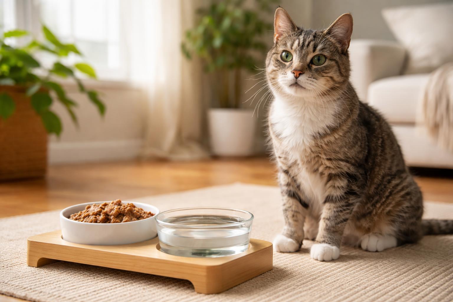 An older domestic cat sitting near food and water bowls in a cozy indoor setting.