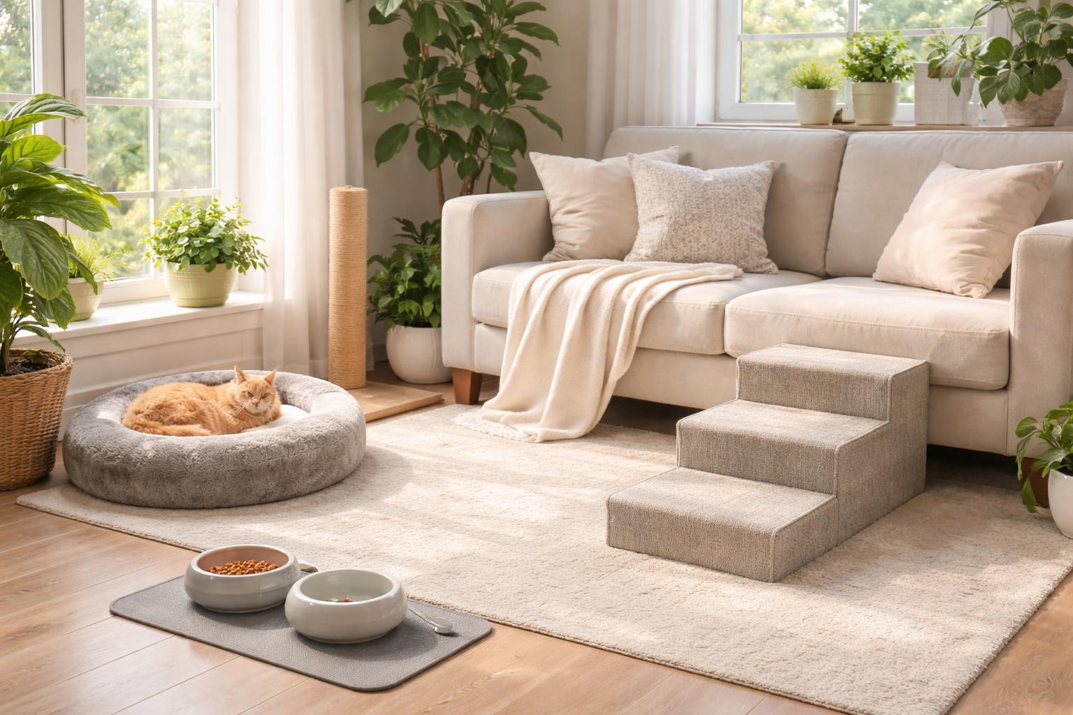 Indoor living space with a cozy cat bed, food and water station, and a small ramp to a sofa, designed for an elderly cat's comfort and accessibility.