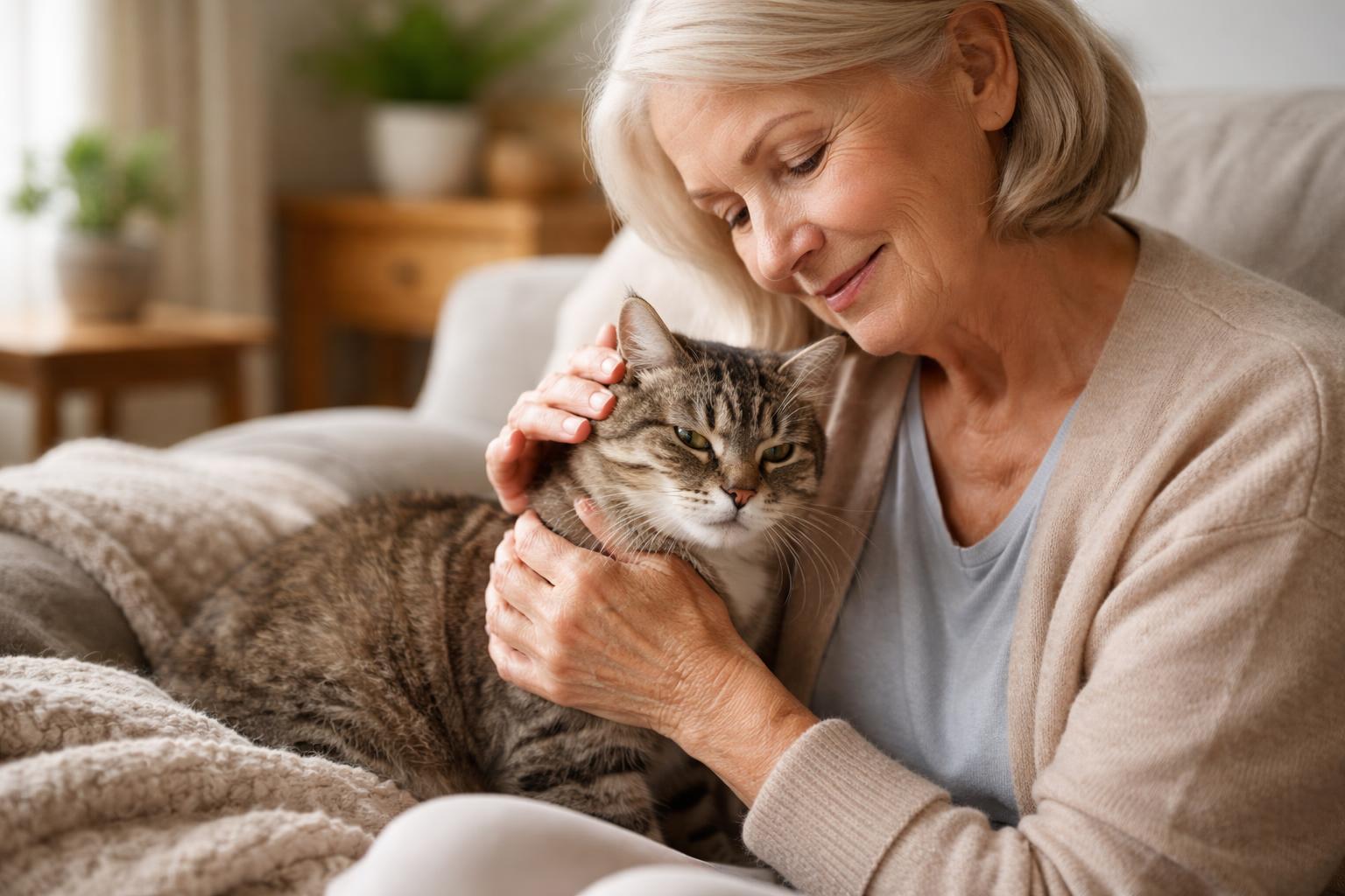 A senior woman gently holding and comforting an elderly cat in a cozy living room.