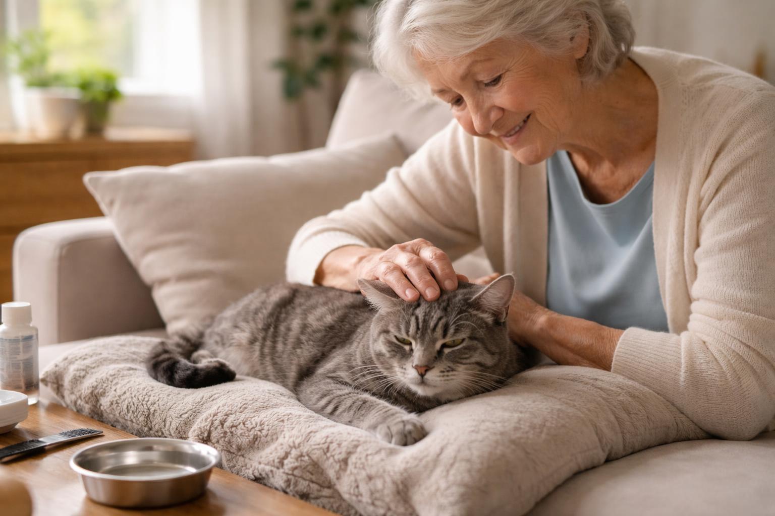 An elderly person gently petting a calm senior cat resting on a cushion in a cozy living room.