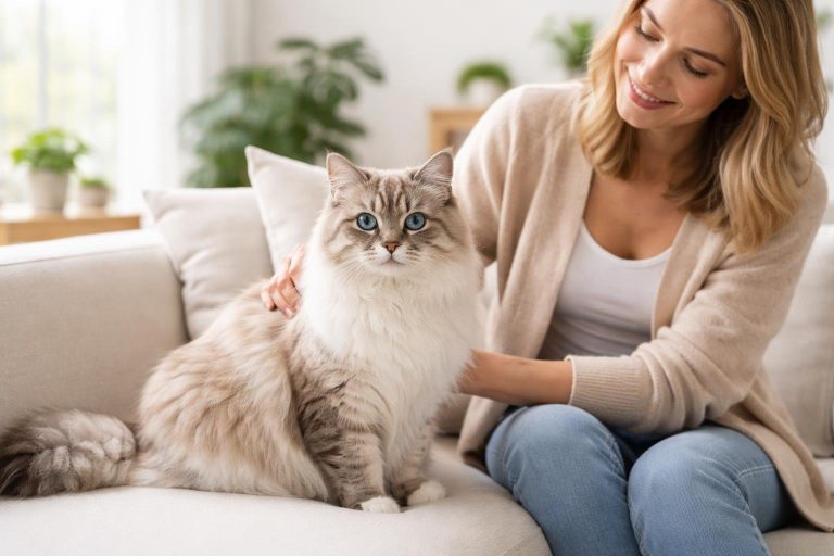 A hypoallergenic cat sitting on a sofa in a bright living room with a person nearby smiling and interacting with the cat.