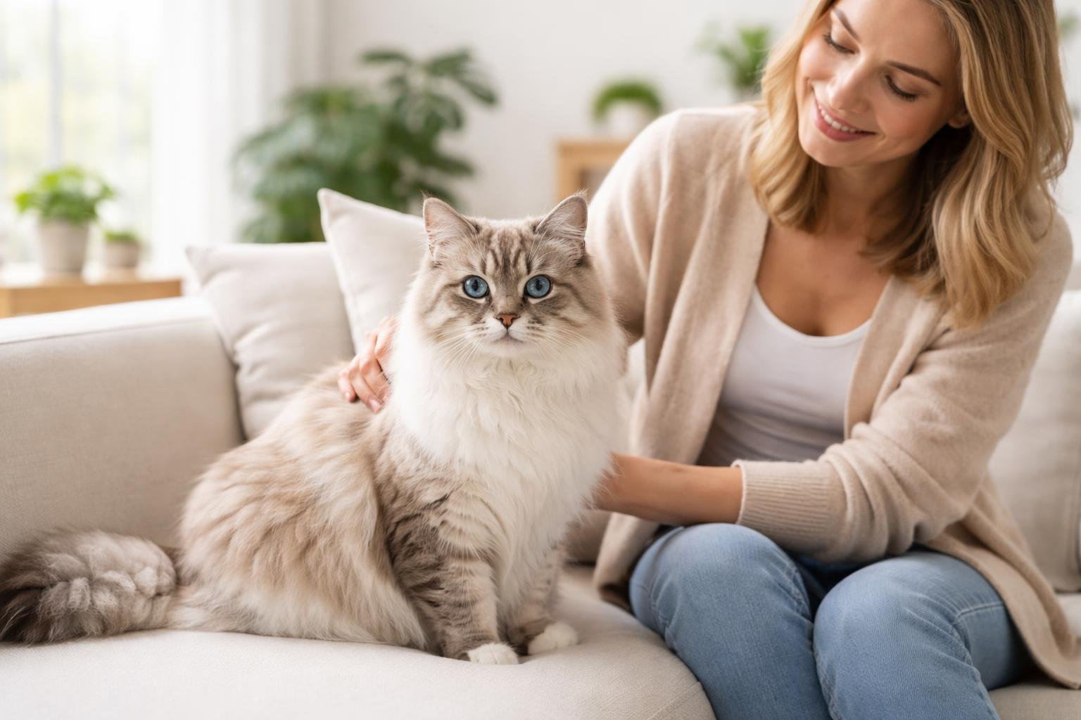 A hypoallergenic cat sitting on a sofa in a bright living room with a person nearby smiling and interacting with the cat.