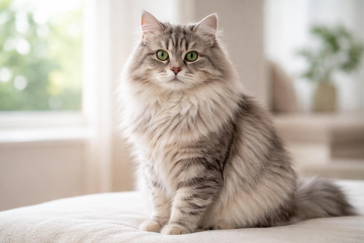 A fluffy Siberian cat sitting indoors on a soft surface with natural light coming through a window.