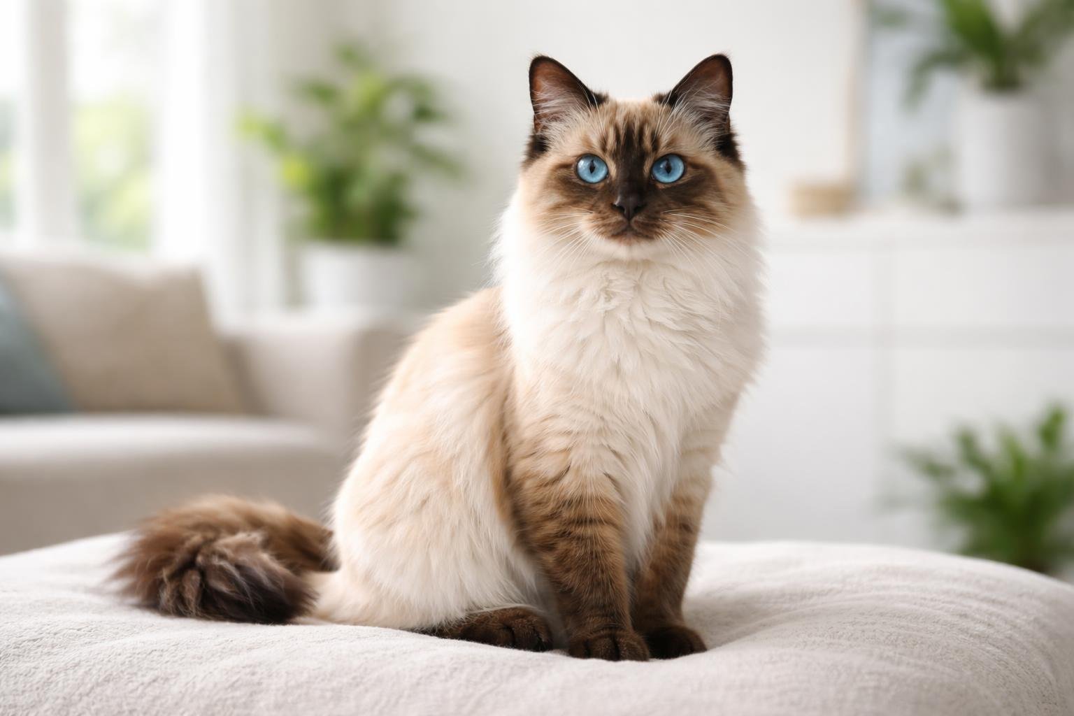 A Balinese cat with blue eyes sitting calmly on a soft surface in a bright living room.