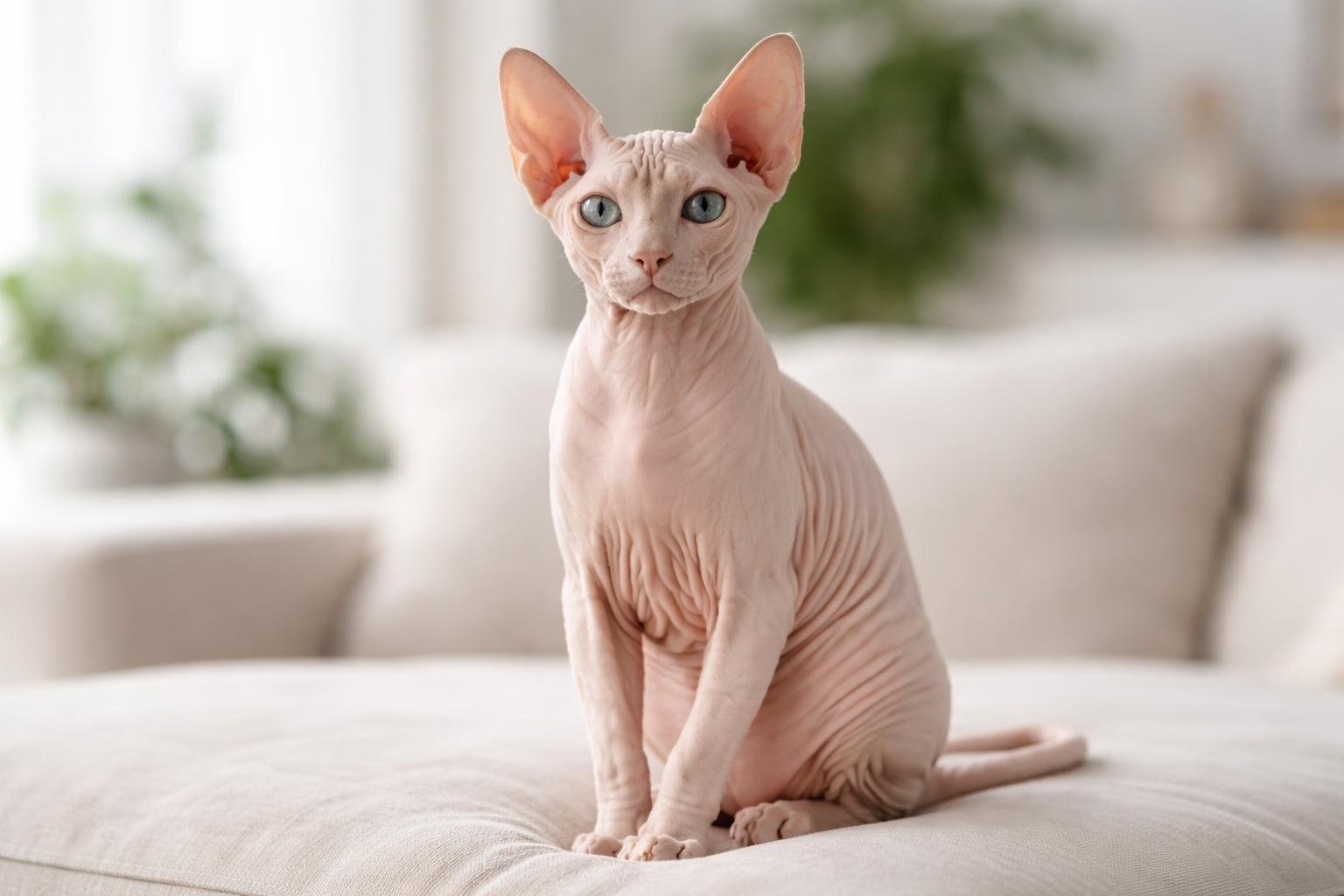 A hairless Sphynx cat sitting calmly on a soft surface in a softly lit indoor environment.