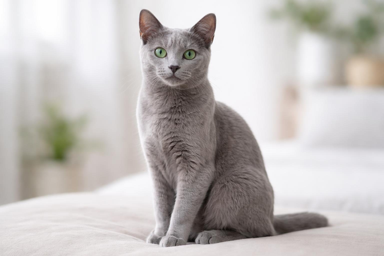 A Russian Blue cat with silver-blue fur and green eyes sitting calmly indoors on a soft surface.