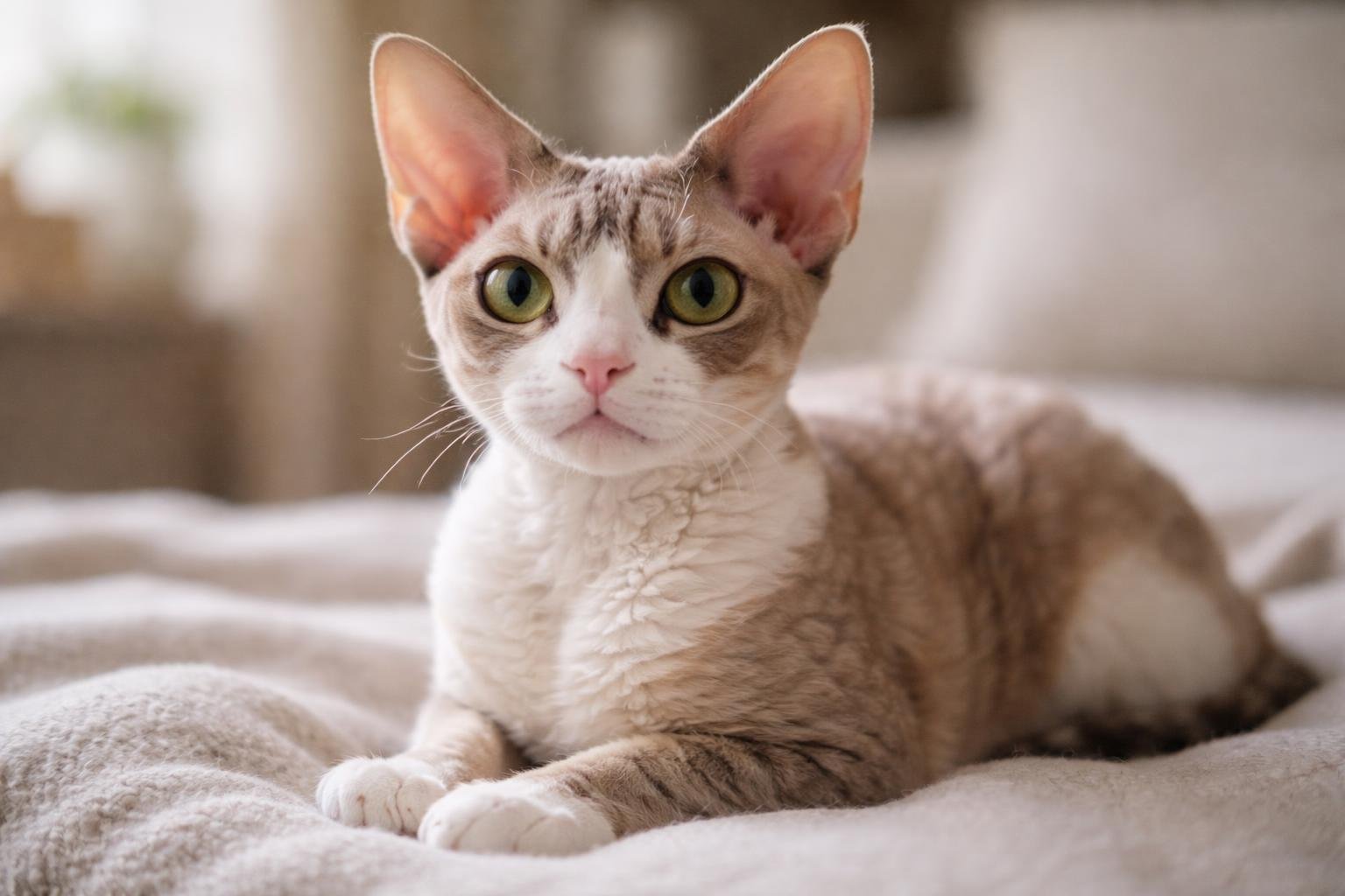A close-up of a Devon Rex cat sitting calmly indoors on a soft surface.