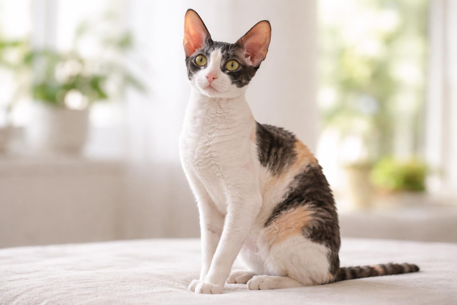 A Cornish Rex cat with short curly fur sitting indoors on a soft surface with natural light coming from a window.