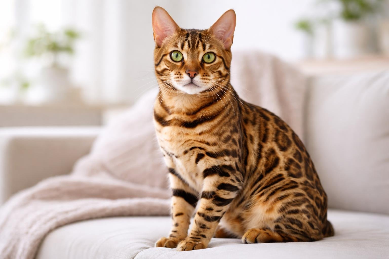 A Bengal cat with spotted fur sitting calmly on a soft surface indoors.