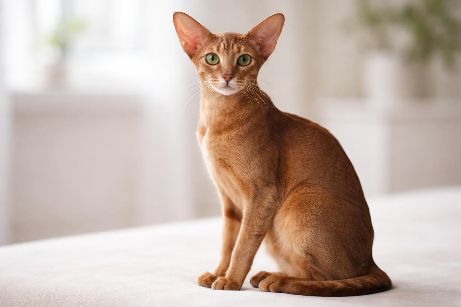 An Oriental Shorthair cat sitting calmly indoors with large ears and a sleek coat.
