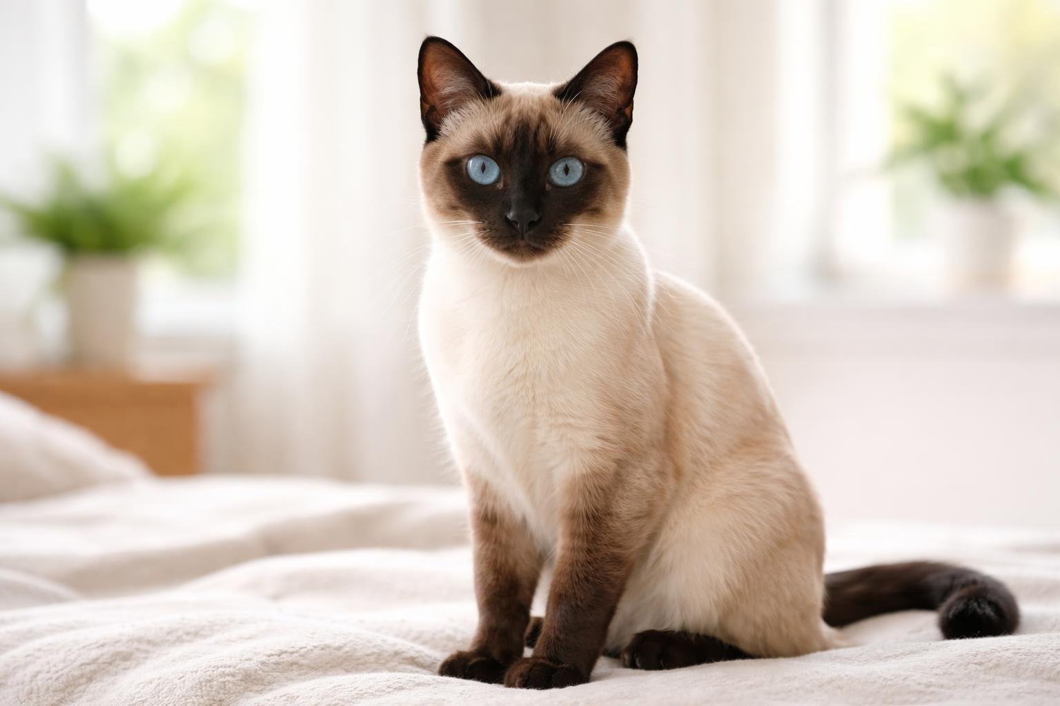 A Siamese cat with blue eyes sitting calmly indoors on a soft surface near a window.
