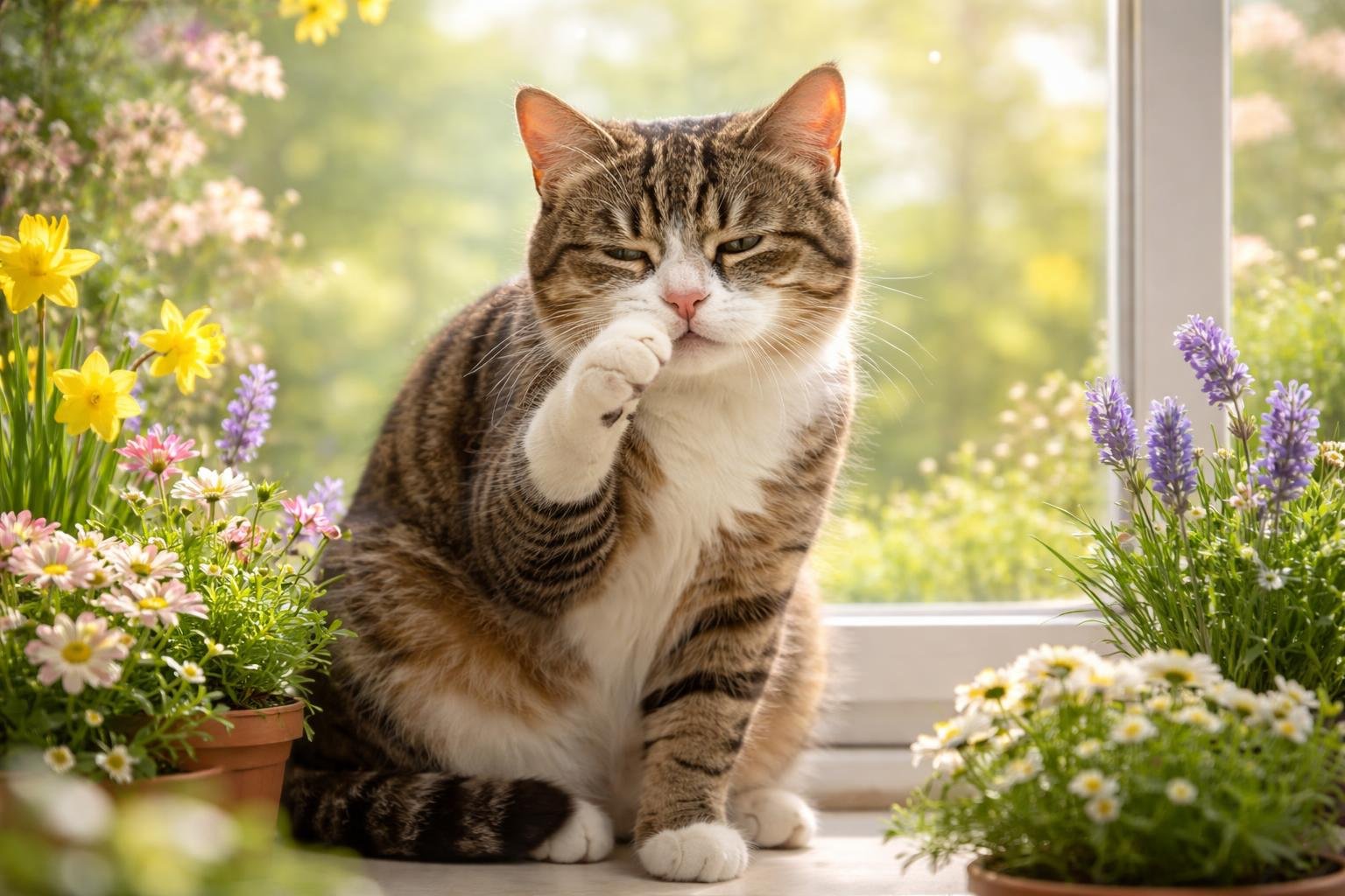 A cat sitting on a windowsill surrounded by spring flowers, gently touching its face with a paw.