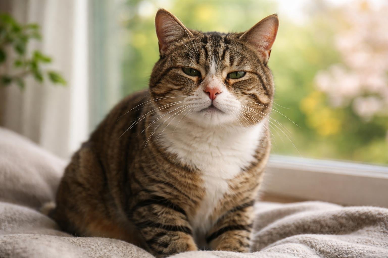 A domestic cat sitting indoors near a window with greenery outside, showing signs of discomfort such as watery eyes and an irritated nose.