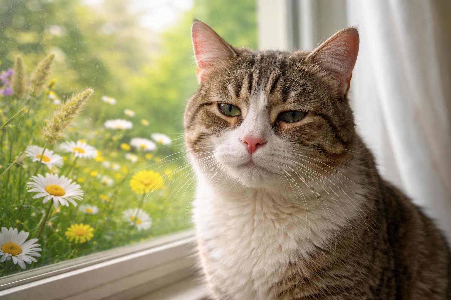 A domestic cat sitting near a window with blooming flowers outside, showing subtle signs of irritation around its eyes and nose.