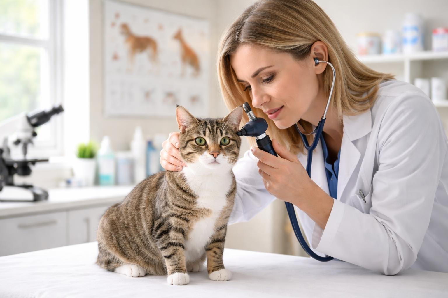 A veterinarian gently examining a cat on an examination table in a veterinary clinic.