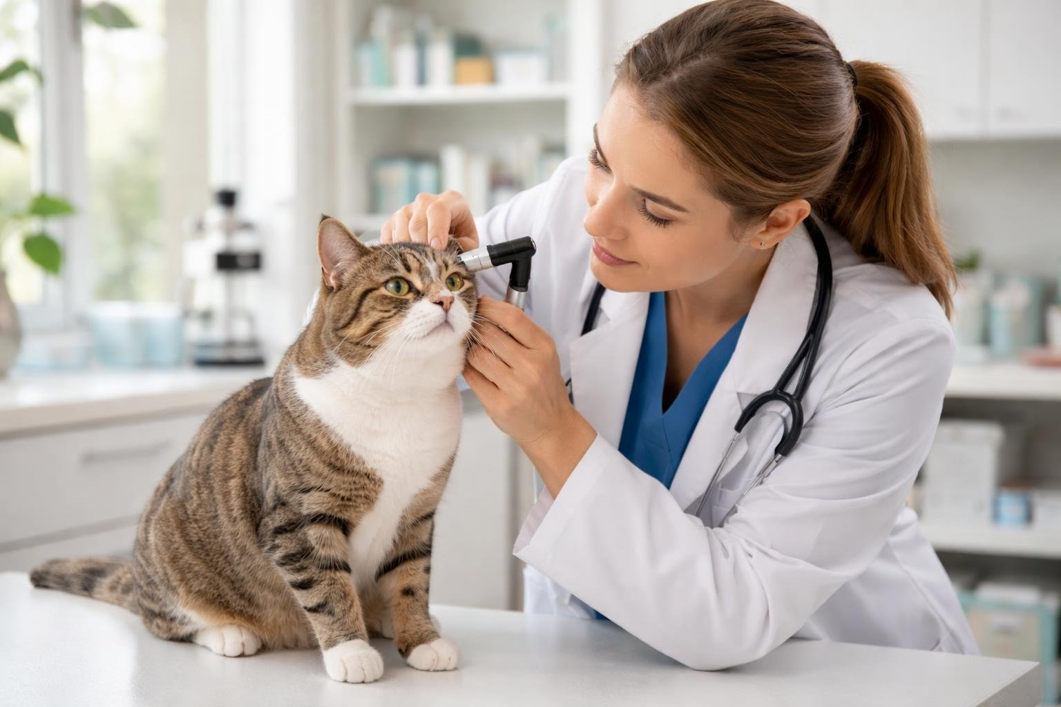 A veterinarian gently examining a calm cat on an examination table in a veterinary clinic.